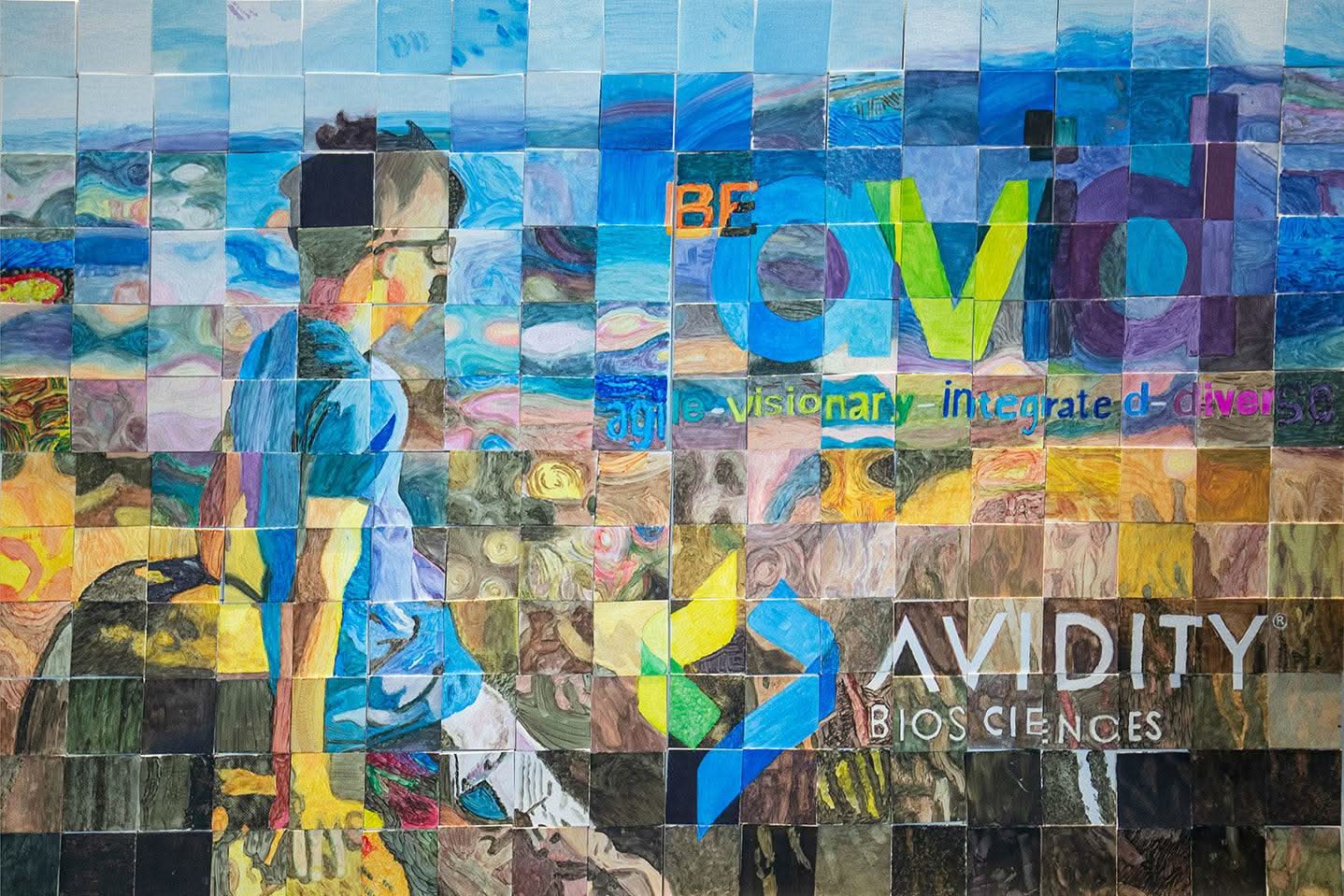 Team Mosaic™ Kit collaborative mosaic artwork featuring a child in blue with colorful text and company logo for team building and connection