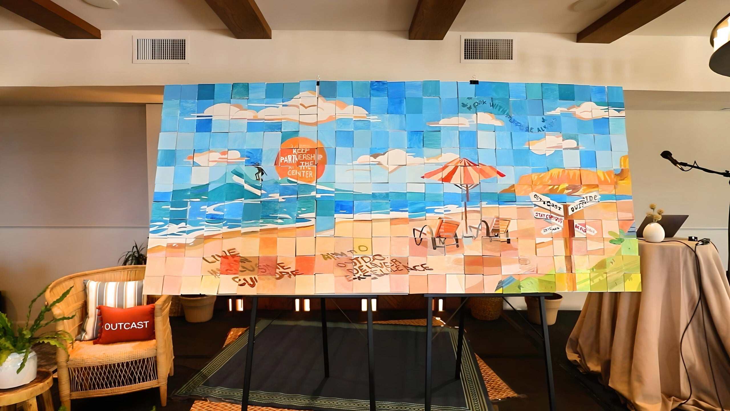 Team Mosaic™ Kit collaborative mosaic artwork of beach scene with waves, umbrella, and motivational phrases in office setting