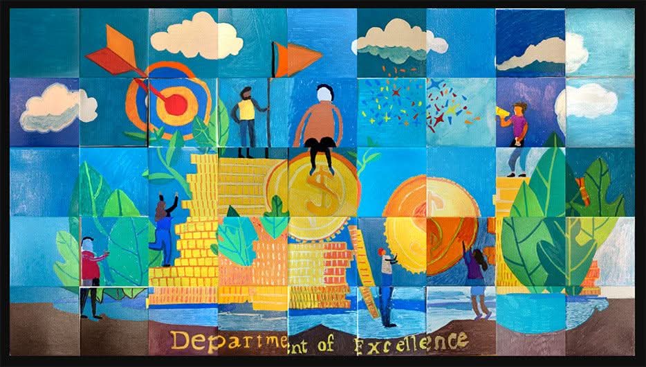 Team Mosaic™ Kit collaborative artwork showing diverse people, coins, plants, and a target symbolizing teamwork and company vision