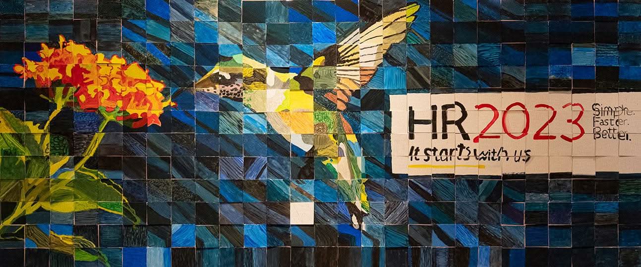 Team Mosaic™ Kit mosaic artwork of hummingbird and flower with HR 2023 text for team building and collaboration