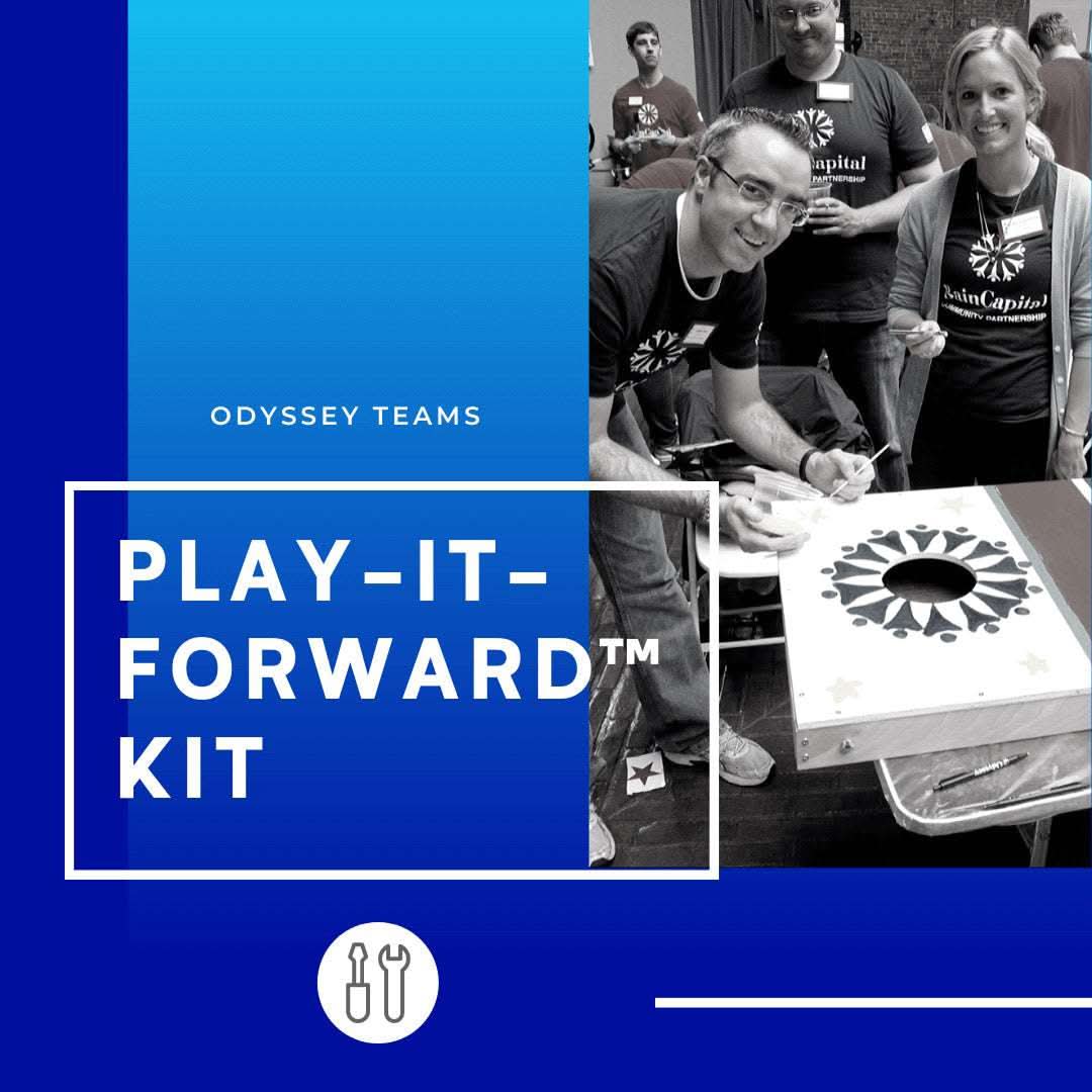 Play-it-Forward Team Building Kit for cornhole board assembly and donation teamwork activity